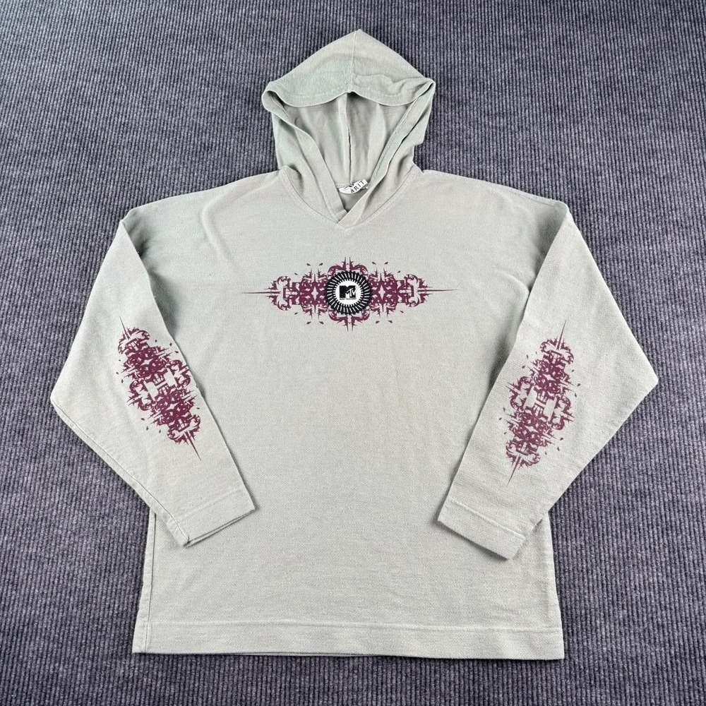 MTV Hoodie Mens Large XL Gray Graphic Pullover Y2K Streetwear Spirit Long Sleeve